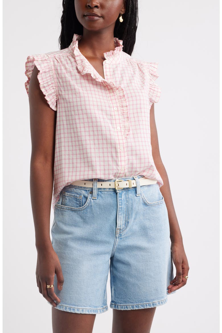 Ruffle Sleeve Cotton Blend Top, Main, color, IVORY- PINK WINNIE PLAID