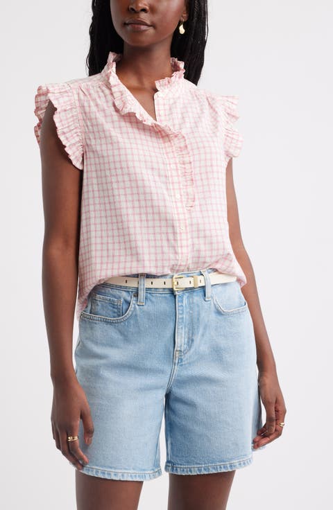 Ruffle Sleeve Cotton Blend Top
