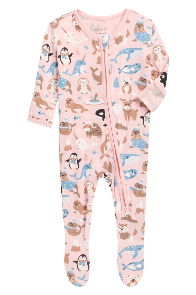 Print Zip Footie, Main, color, BABY ROSE ARCTIC ANIMALS