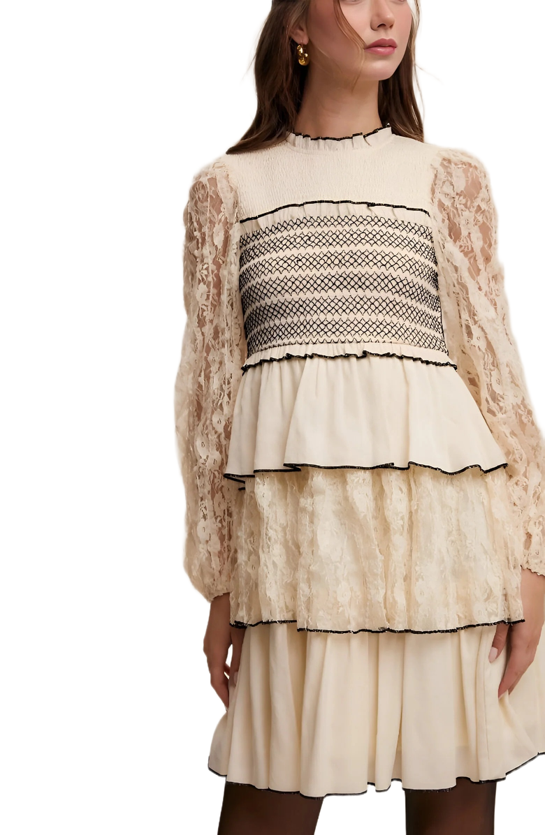 Knit and Lounge Tiered Mini Dress with Lace Sleeves, Alternate, color, 