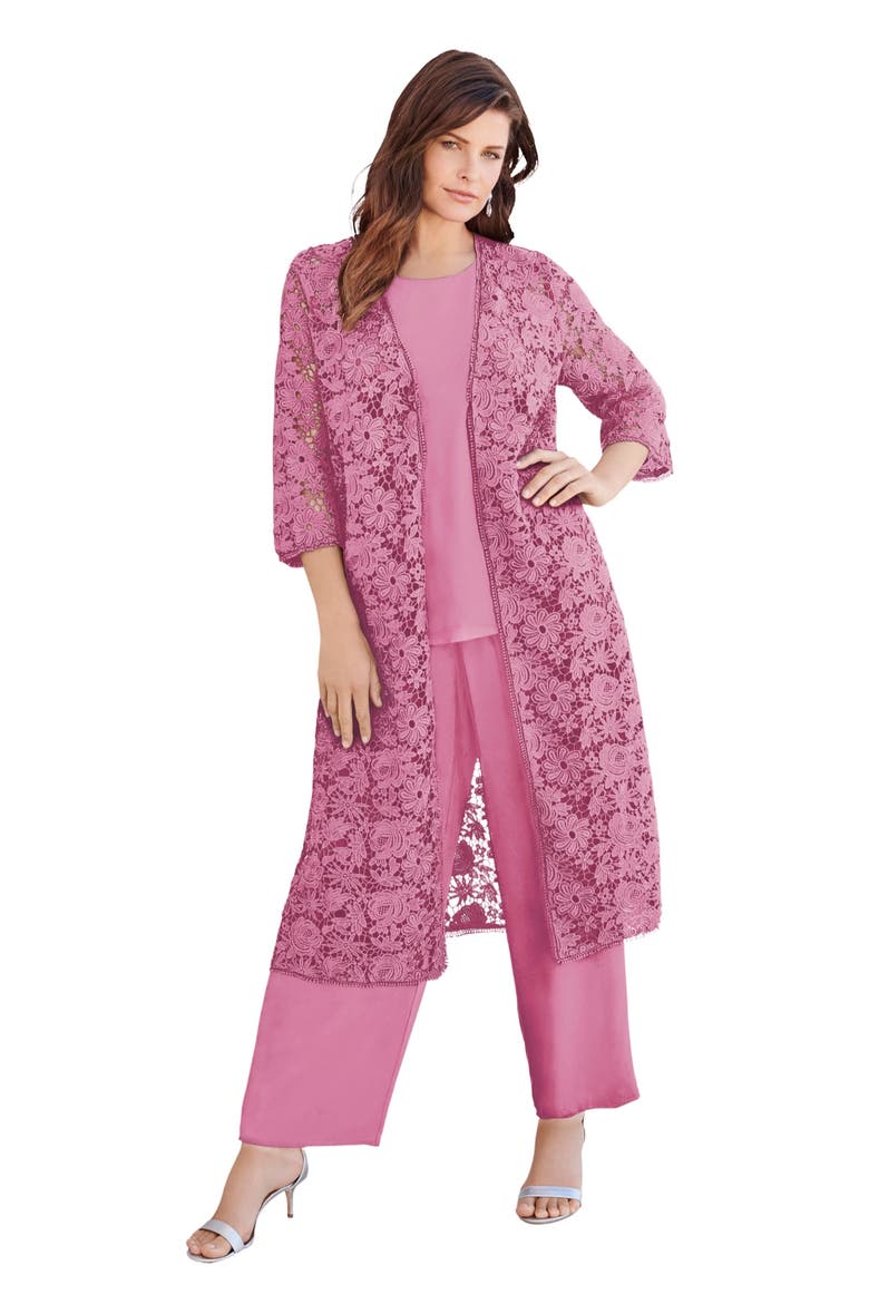Plus Size 3-Piece Allover Lace Duster Pant Set Formal Wear, Main, color, PALE MULBERRY