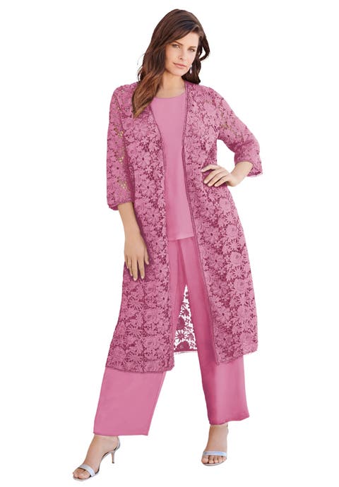 Plus Size 3-Piece Allover Lace Duster Pant Set Formal Wear