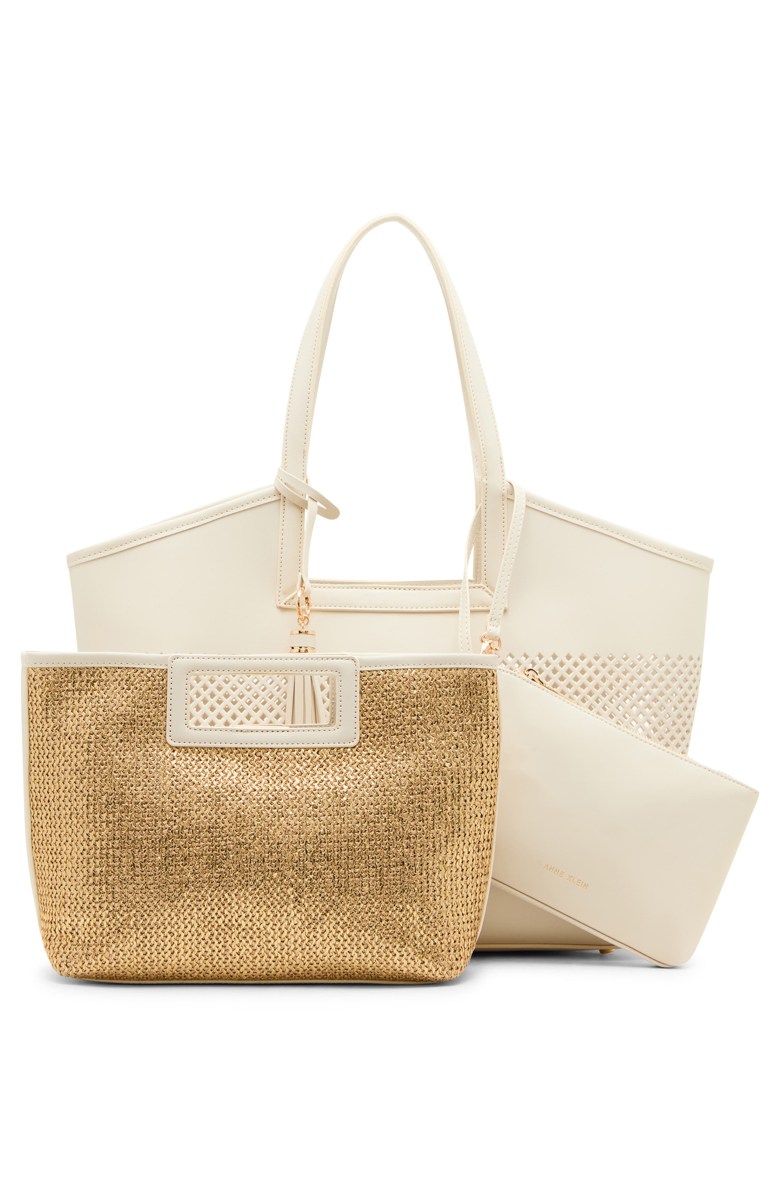 Anne Klein Large Perforated Tote Bag, Alternate, color, Parchment/ Metallic Gold