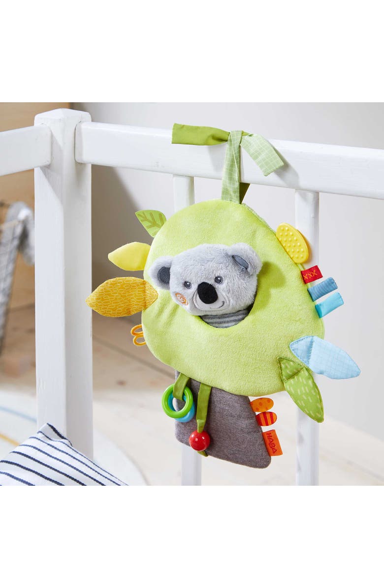 HABA Koala Hanging Toy for Babies, Stroller and Car Seat Toy - Interactive Plush Activity Center with Rattle, Crinkle, Taggies for Babies, Alternate, color, Yellow Multi