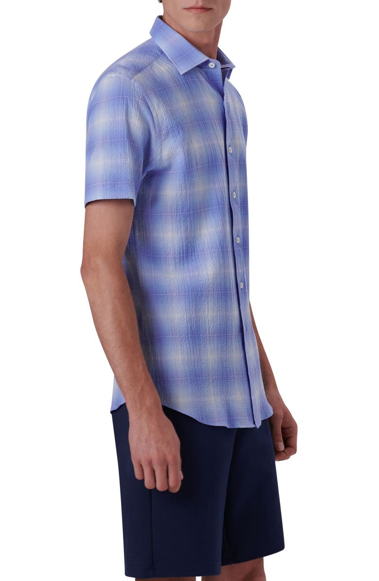 Bugatchi Ombré Check Short Sleeve Cotton Seersucker Button-Up Shirt, Alternate, color, Azure