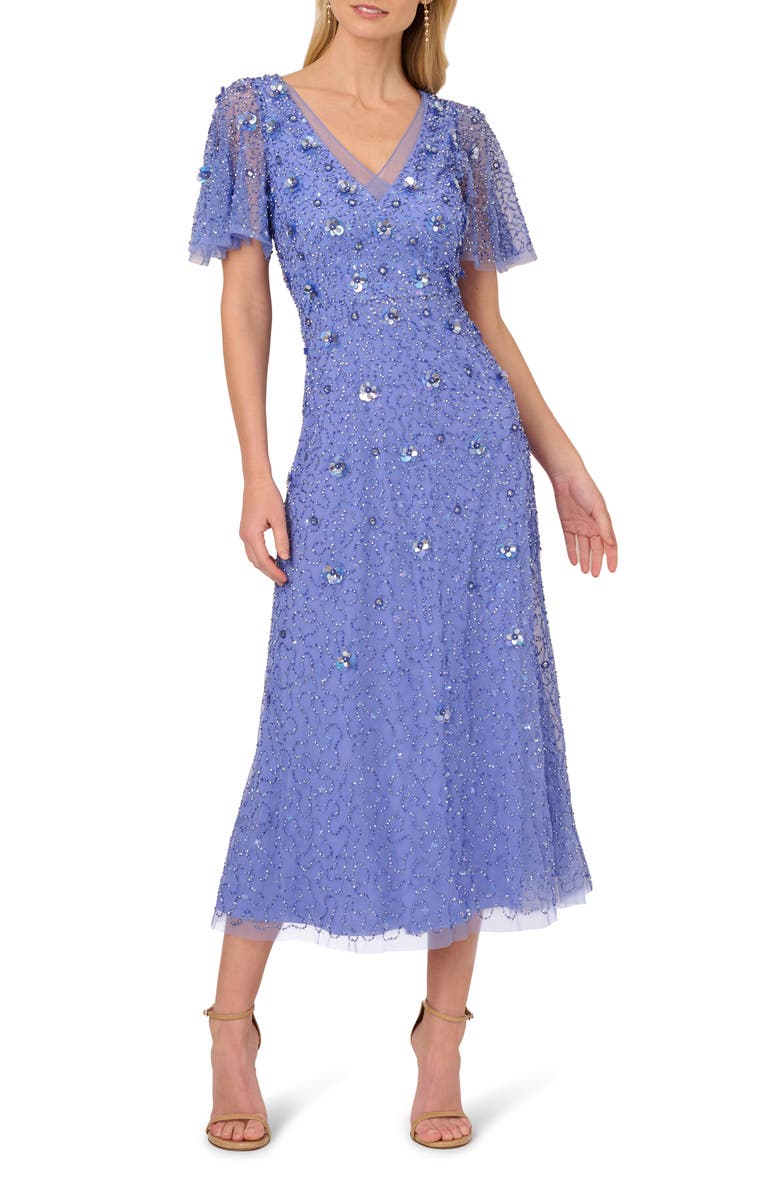 Adrianna Papell Beaded Mesh Flutter Sleeve Cocktail Dress, Main, color, Peri Blue