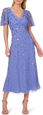 Adrianna Papell Beaded Mesh Flutter Sleeve Cocktail Dress