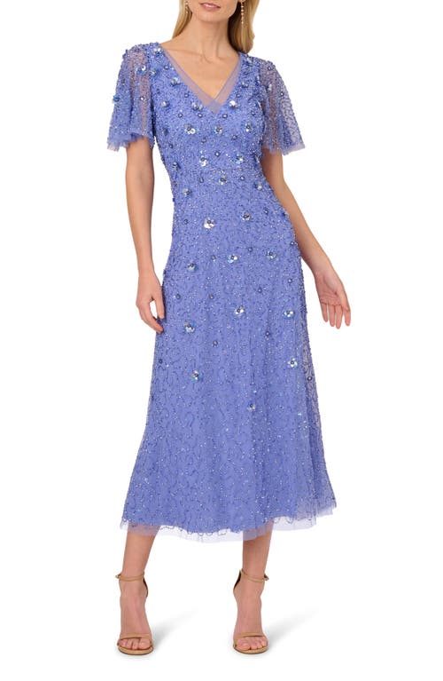ADRIANNA PAPELL ADRIANNA PAPELL BEADED MESH FLUTTER SLEEVE COCKTAIL DRESS