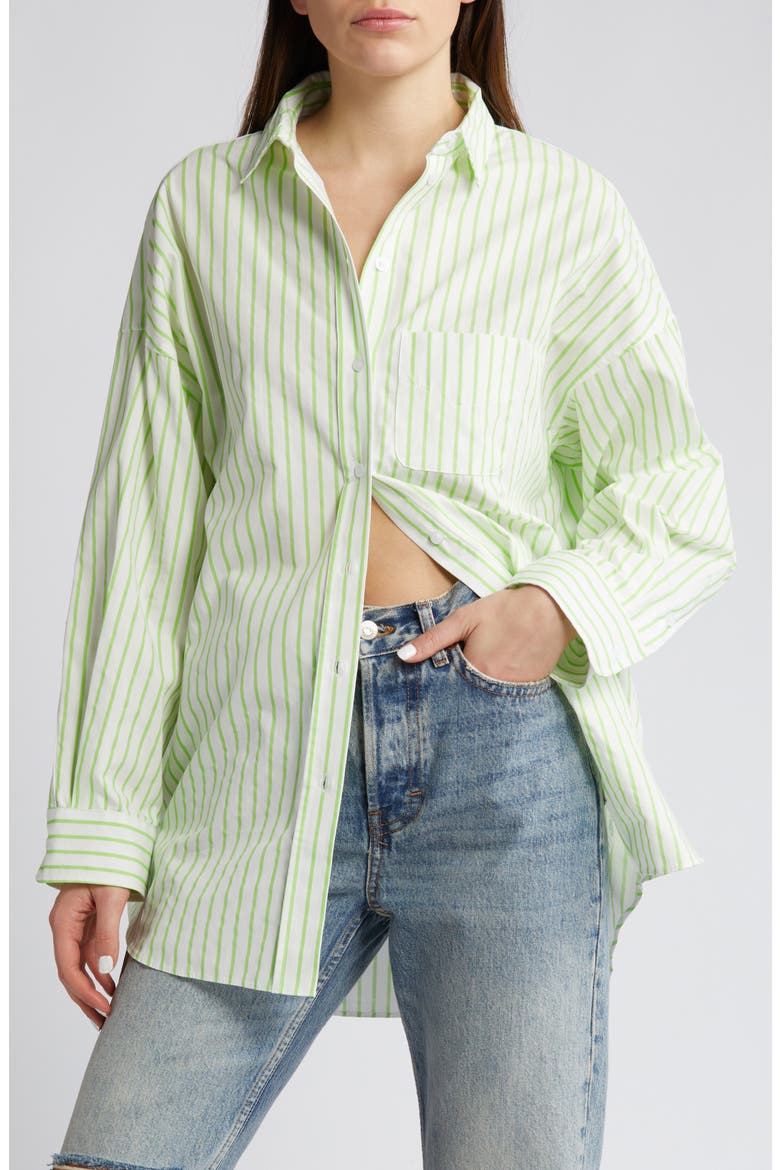 Oversize Stripe Cotton Button-Up Shirt, Main, color, MEDIUM GREEN