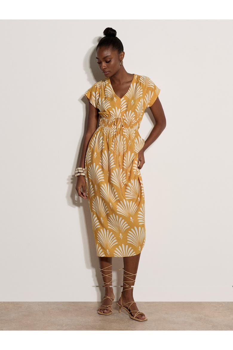 Palm Geo Smock Waist Dress, Alternate, color, Mustard