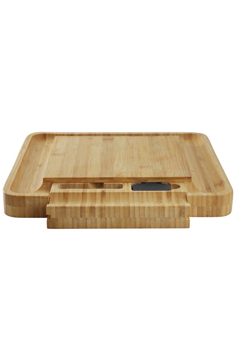 Wood Charcuterie Cheese Board with Slide Out Drawer with Cheese Utensils, Bottle Opener, and 3 Piece Mini Chalkboard Set, Alternate, color, Bamboo
