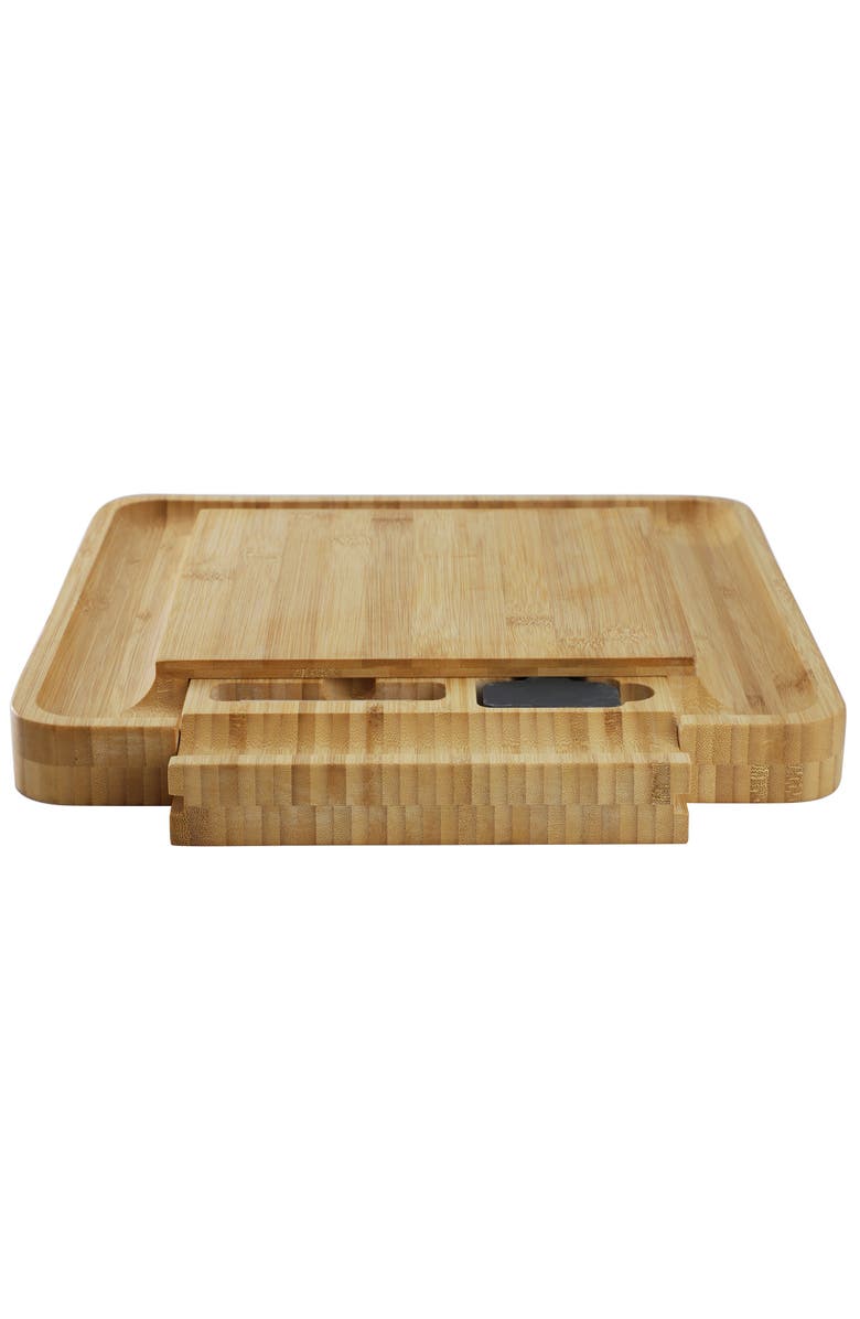 Megachef Wood Charcuterie Cheese Board with Slide Out Drawer with Cheese Utensils, Bottle Opener, and 3 Piece Mini Chalkboard Set, Alternate, color, Bamboo