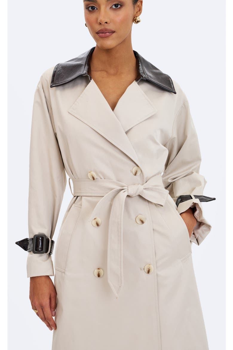 Umber Double-Breasted Faux Leather Lapel Trench Coat, Alternate, color, Beige