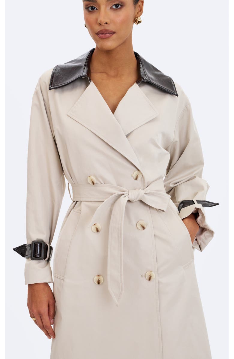 Miss Circle Umber Double-Breasted Faux Leather Lapel Trench Coat, Alternate, color, Beige