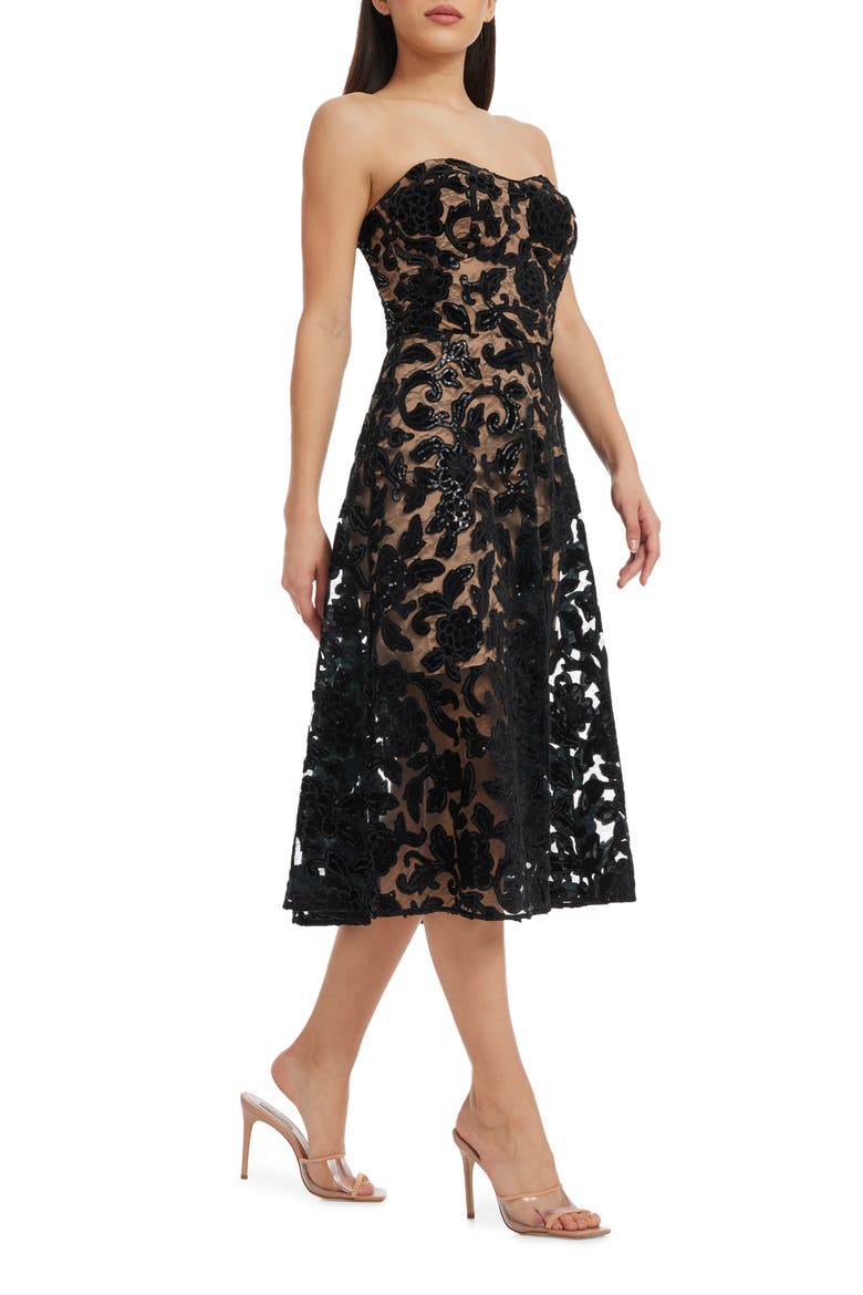 Sadie Floral Sequin Strapless A-Line Dress, Alternate, color, BLACK-BEIGE