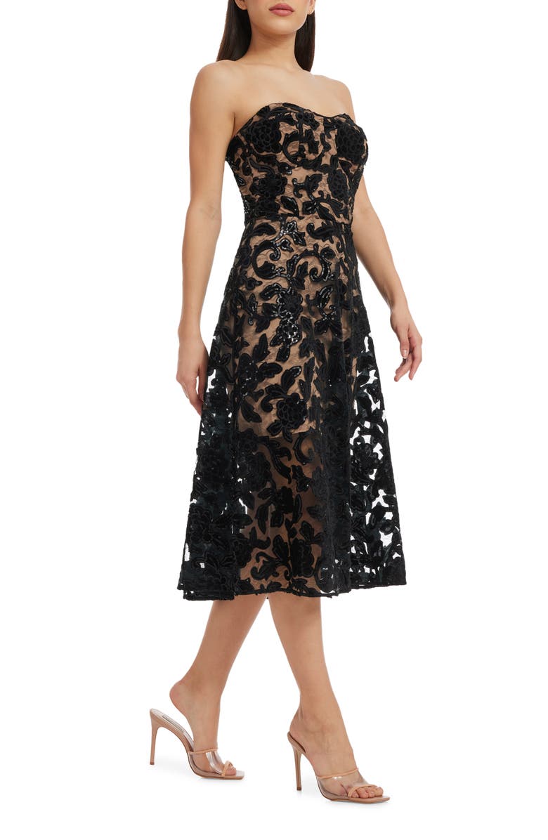 Dress the Population Sadie Floral Sequin Strapless A-Line Dress, Alternate, color, Black-Beige