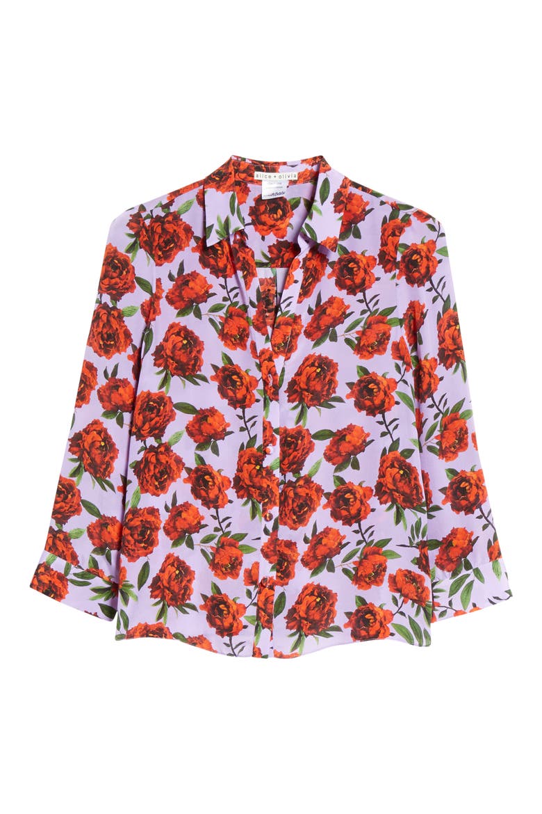 Eloise Roll Sleeve Floral Print Silk Blouse, Alternate, color, LILAS ROSE SCARLET
