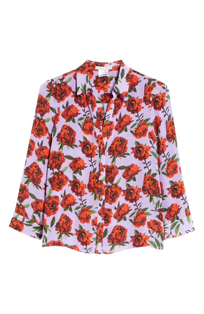 Alice + Olivia Eloise Roll Sleeve Floral Print Silk Blouse, Alternate, color, 