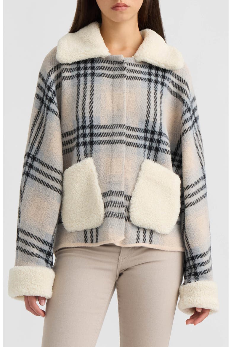 Faux Fur Collar Plaid Jacket, Main, color, MARSHMALLOW PLAID