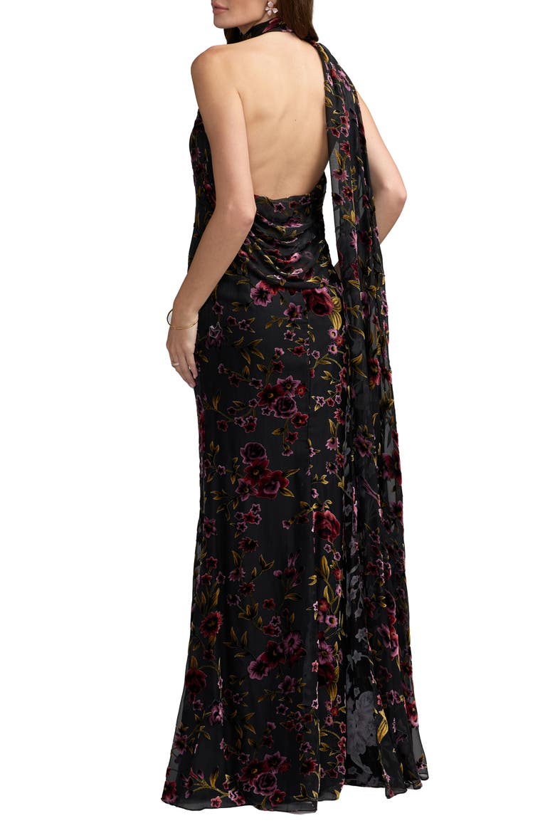 Sleeveless Velvet Halter Neck Gown With Drape, Alternate, color, Black Multi