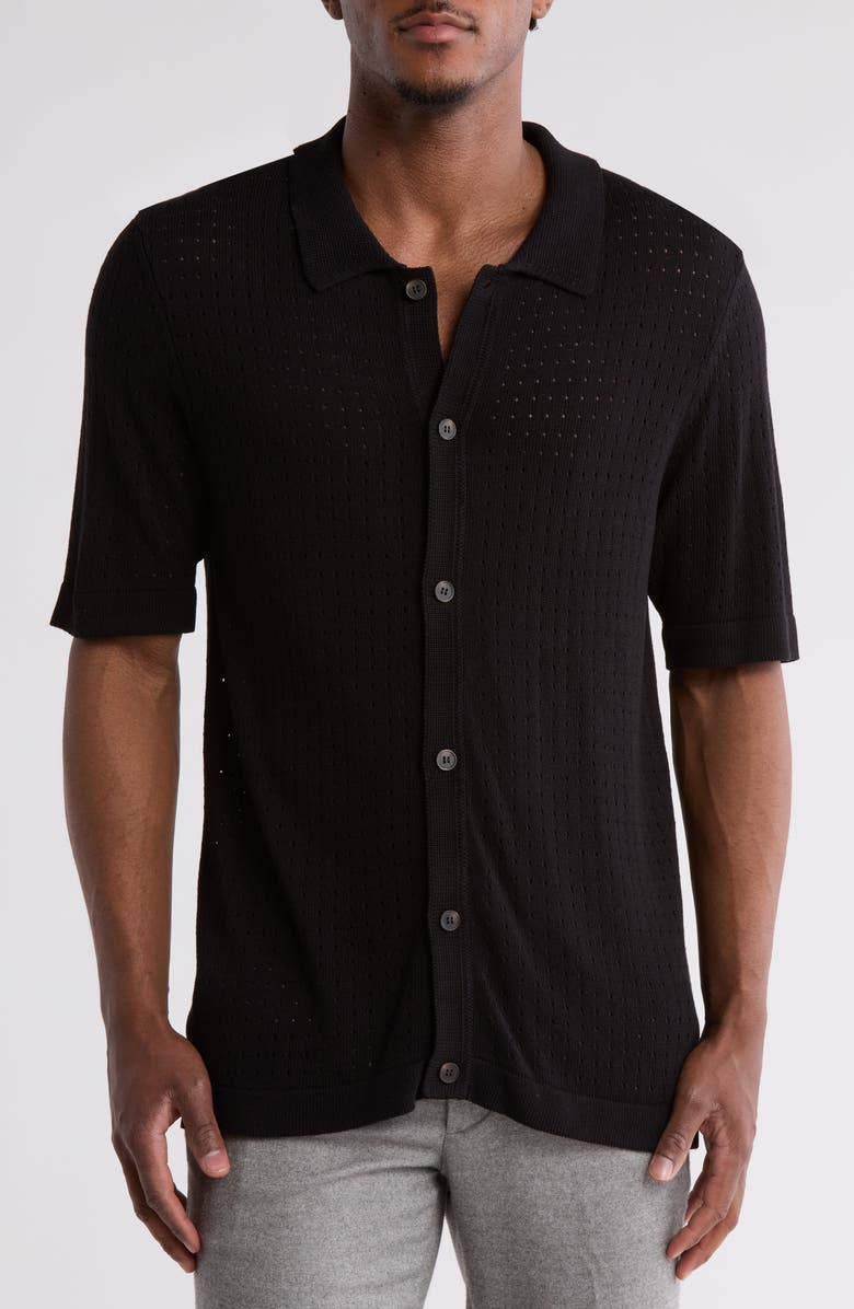 TRUTH Short Sleeve Open Knit Button-Up Shirt, Main, color, Black