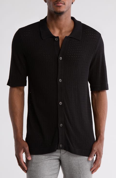 Short Sleeve Open Knit Button-Up Shirt