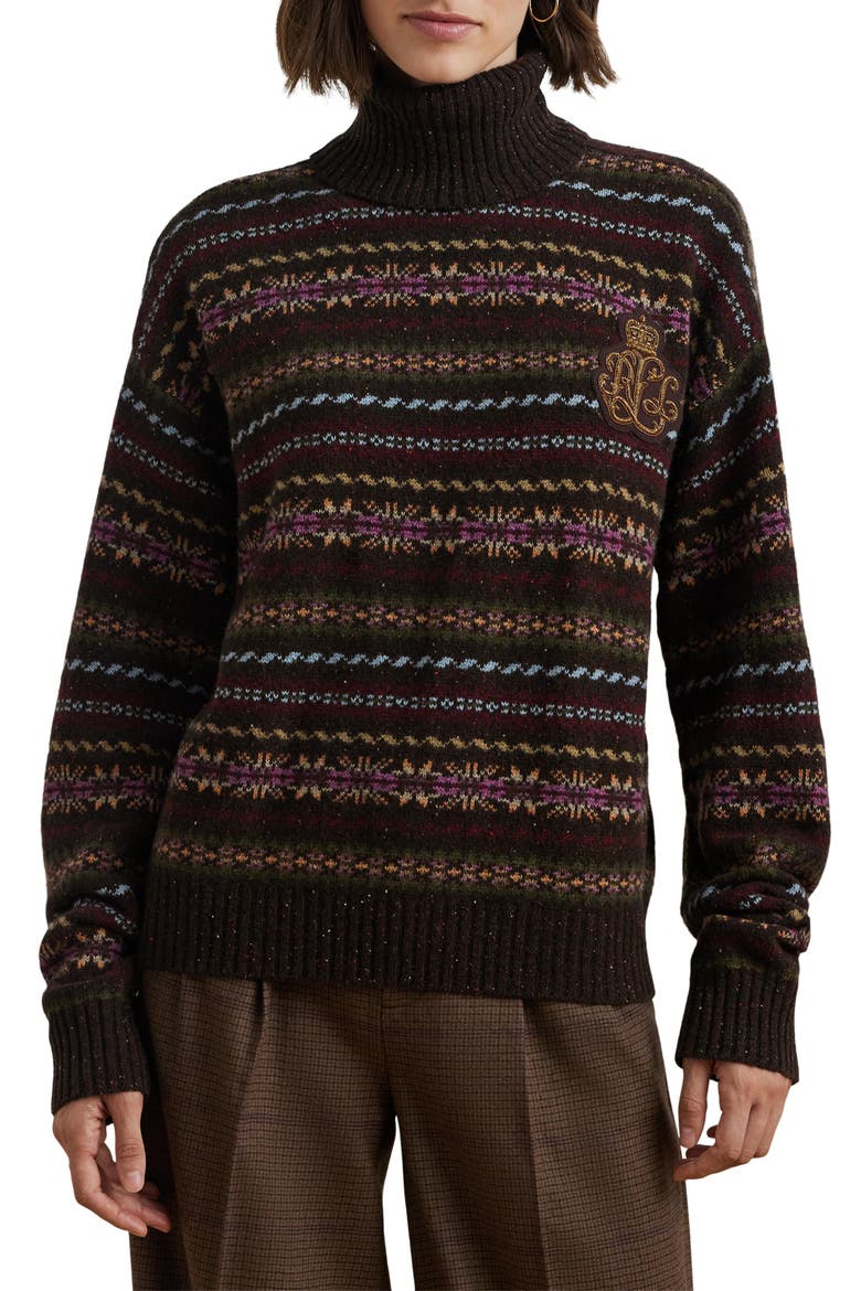 Fair Isle Wool Blend Turtleneck Sweater, Main, color, BROWN MULTI