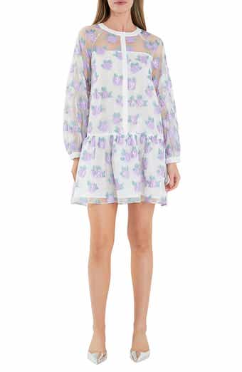 English Factory Floral Button Front Long Sleeve Organza Minidress
