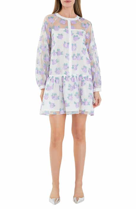 English Factory Floral Button Front Long Sleeve Organza Minidress