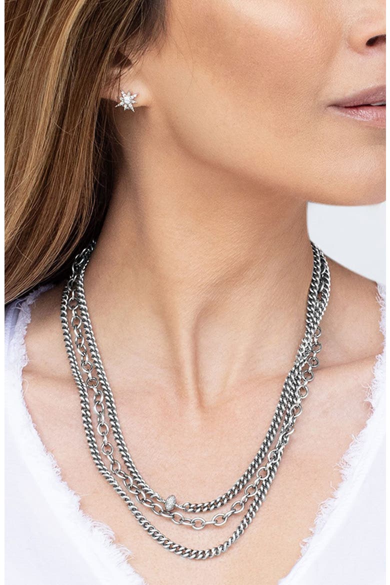 Triple Chain Necklace With Diamond Donut, Alternate, color, Sterling Silver
