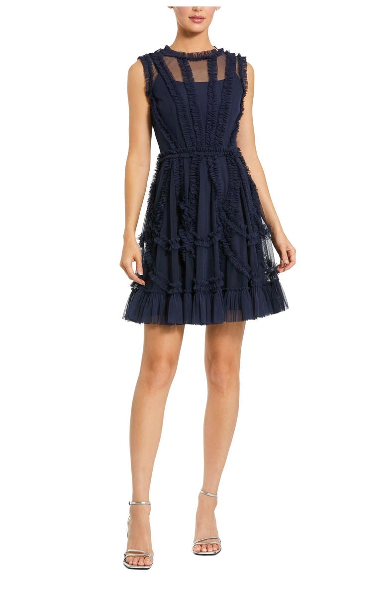 Mac Duggal Sleeveless Ruffle High Neck Mini Dress, Main, color, Indigo