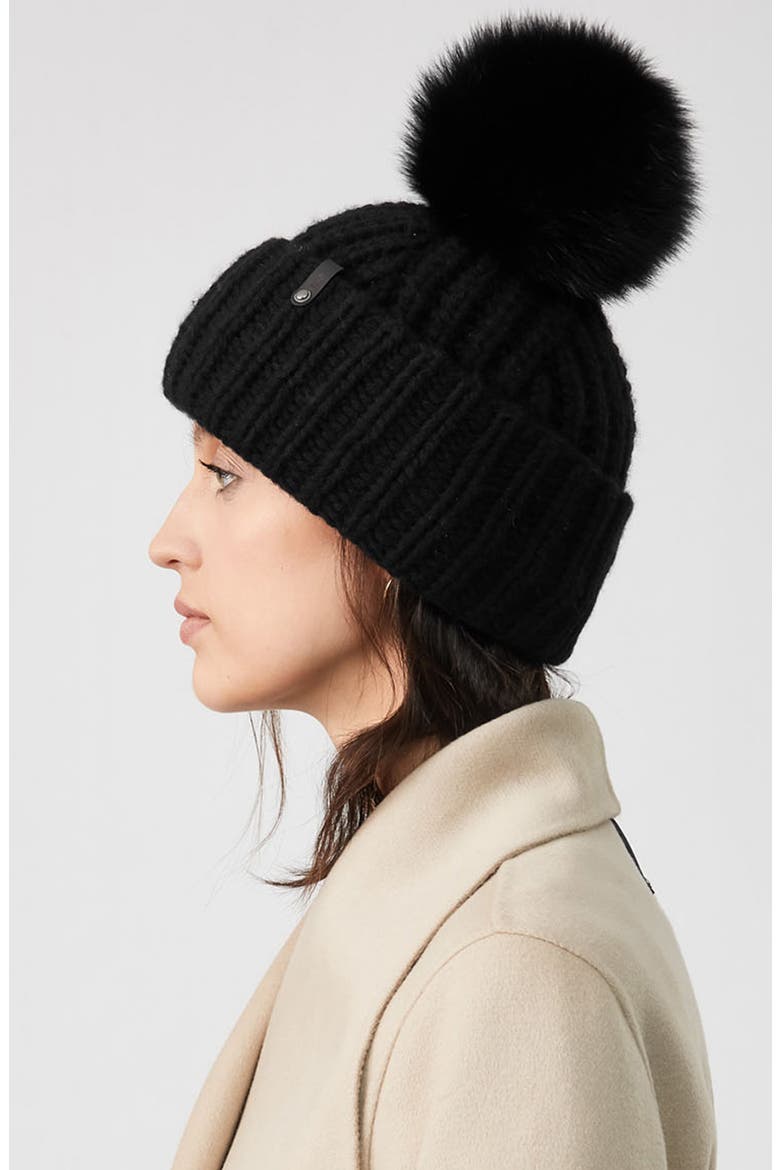 Cashmere & Wool Beanie with Genuine Fox Fur Pom, Alternate, color, BLACK