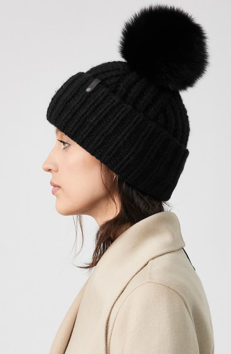 Mackage Cashmere & Wool Beanie with Genuine Fox Fur Pom, Alternate, color, 