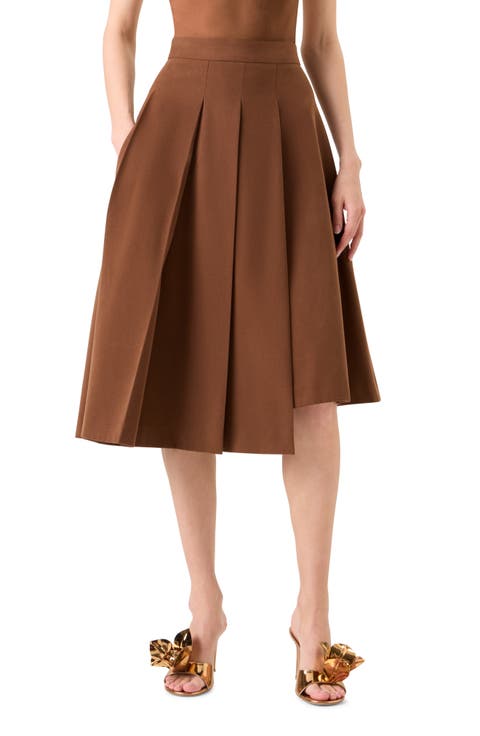 Pleated Asymmetrical Cotton & Wool Gabardine A-Line Midi Skirt