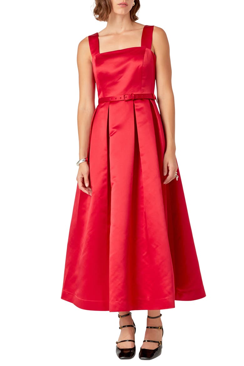Pleated Belted Midi Dress, Main, color, RED