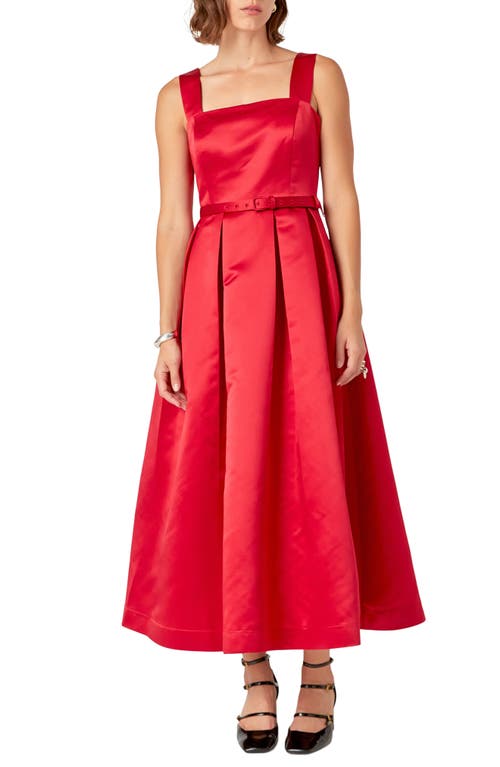 English Factory Pleated Belted Midi Dress in Red 