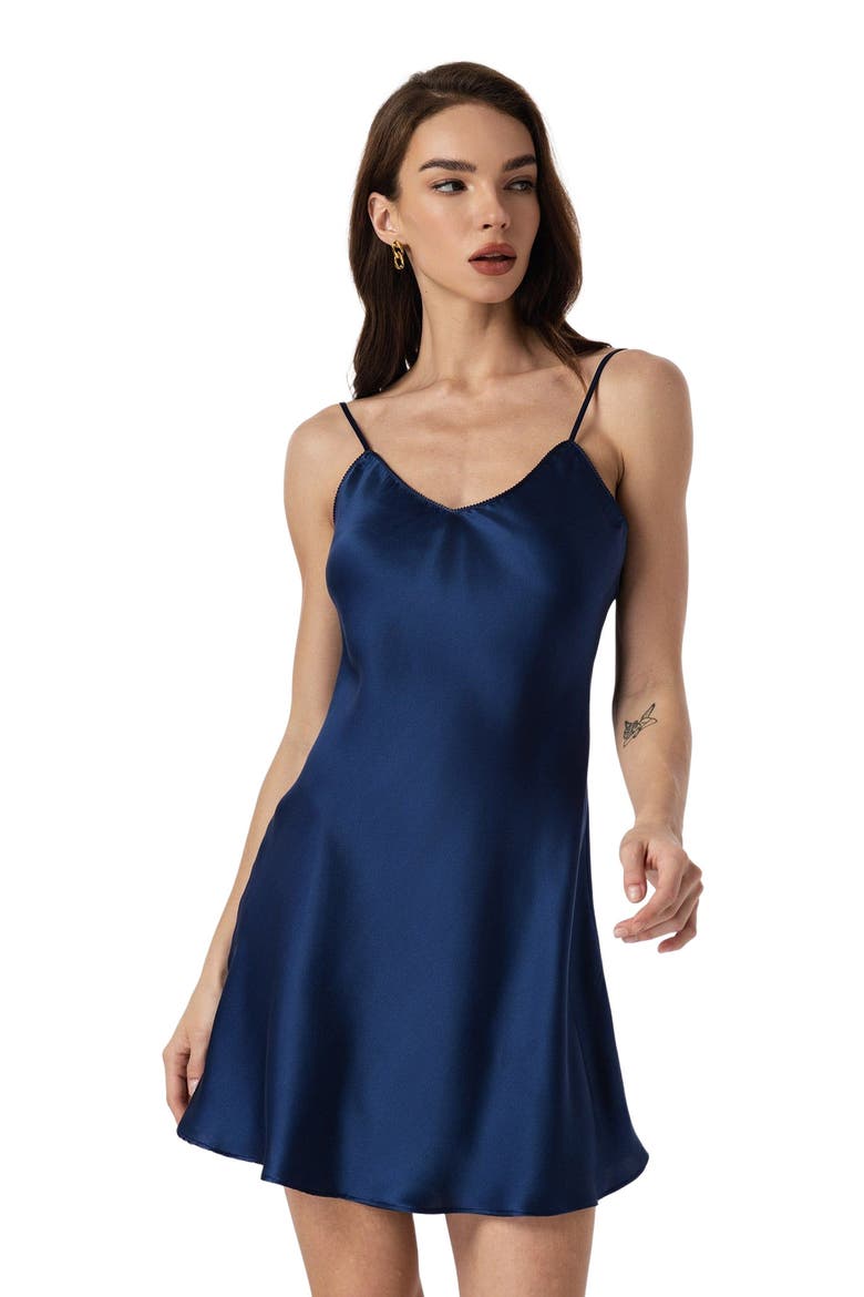 Pure Silk Adjustable Spaghetti Strap Nightgown Slip Dress, Alternate, color, NavyBlue