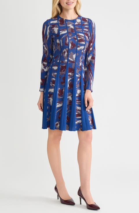 Long Sleeve Jacquard Fit & Flare Dress