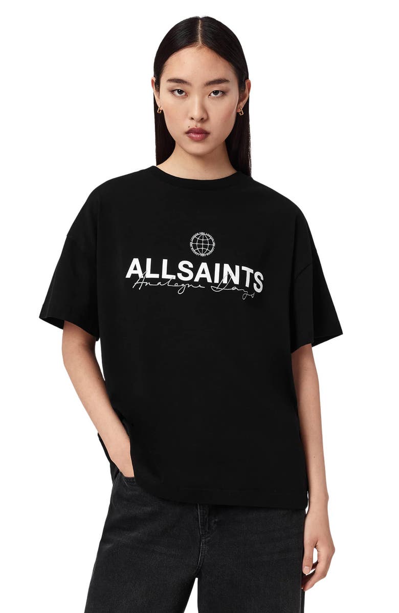 AllSaints Emblem Avri Logo Slit Back Graphic T-Shirt, Alternate, color, Jet Black