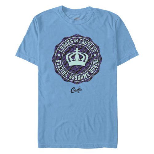Men's Crooks & Castles Honor Amongst Thieves Purple Badge Front and Back  Graphic T-Shirt in Carol Blue  product