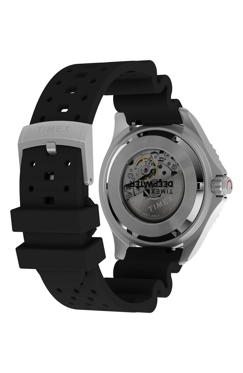 Timex<sup>®</sup> Deepwater Meridian Automatic Rubber Strap Watch, 44mm, Alternate, color, Black