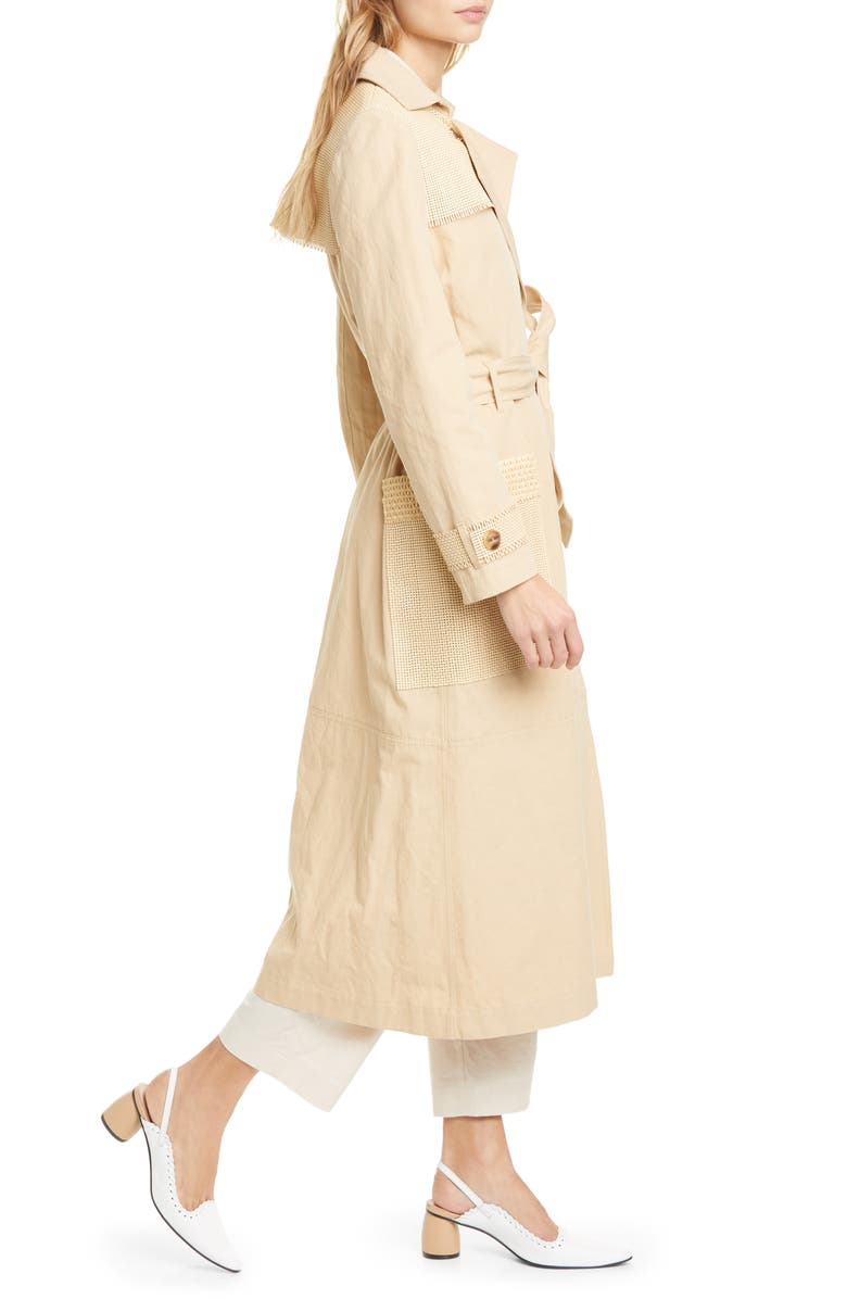 Nanushka Alex Vegan Leather Trim Cotton & Linen Trench Coat, Alternate, color,