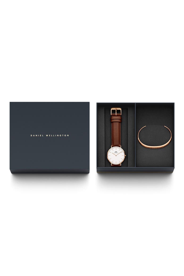 Classic St. Mawes Leather Strap Watch & Cuff Bracelet Set, 40mm, Main, color, IP ROSE GOLD