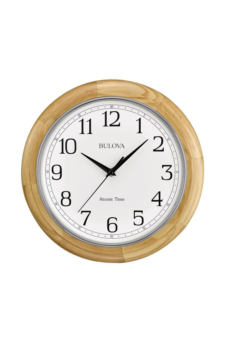 Atomic Time  Analog Quartz Wall Clock, Warm Brown Cherry, Main, color, Beige