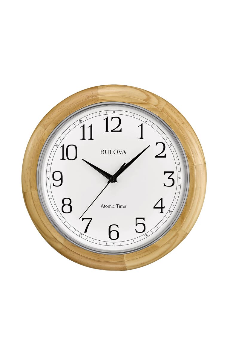 Bulova Clocks Atomic Time  Analog Quartz Wall Clock, Warm Brown Cherry, Main, color, Beige