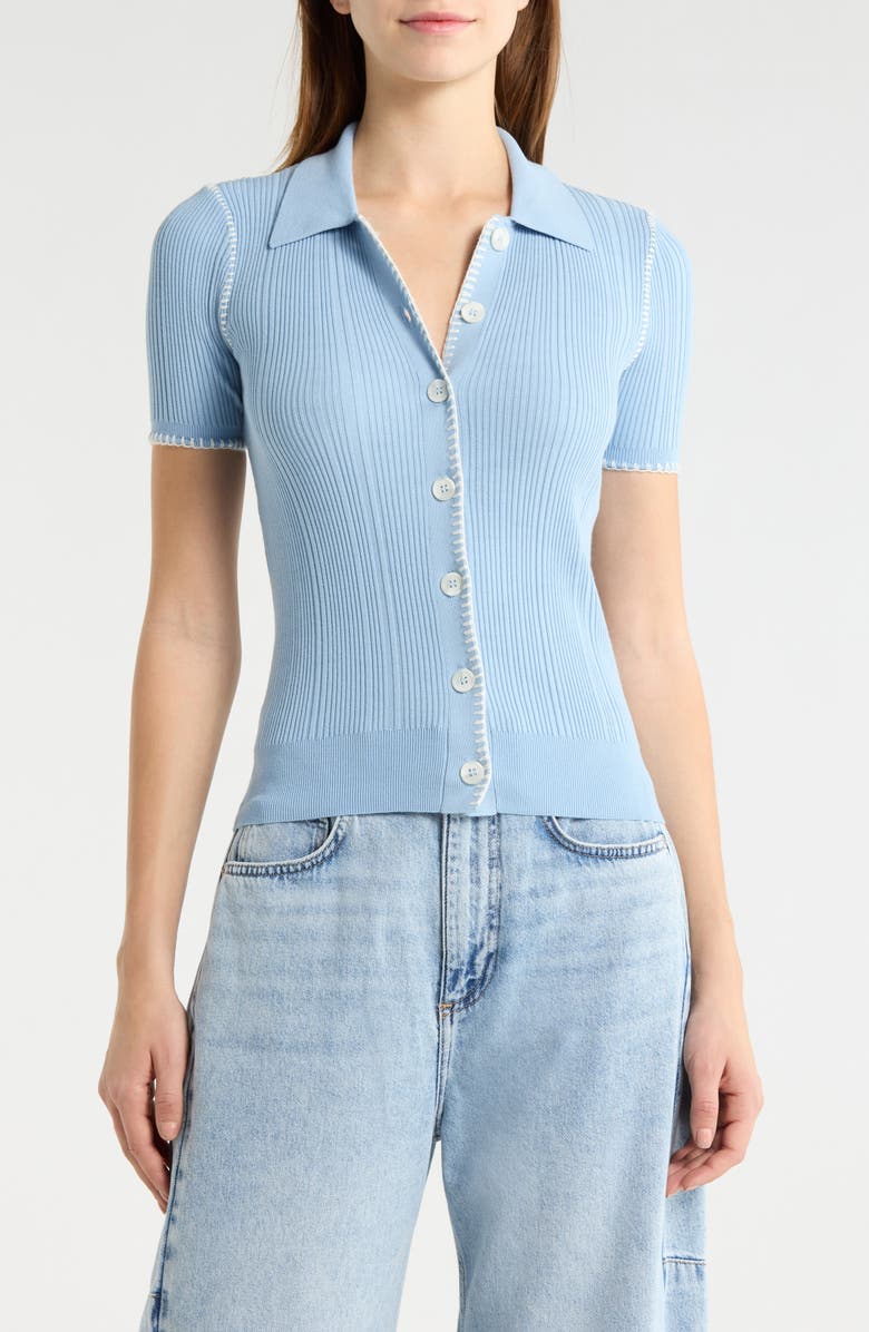 rag & bone Harper Whipstitch Detail Short Sleeve Cardigan, Main, color, Sky