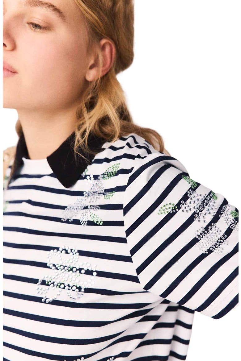 Striped rhinestone flower T-shirt, Alternate, color, White