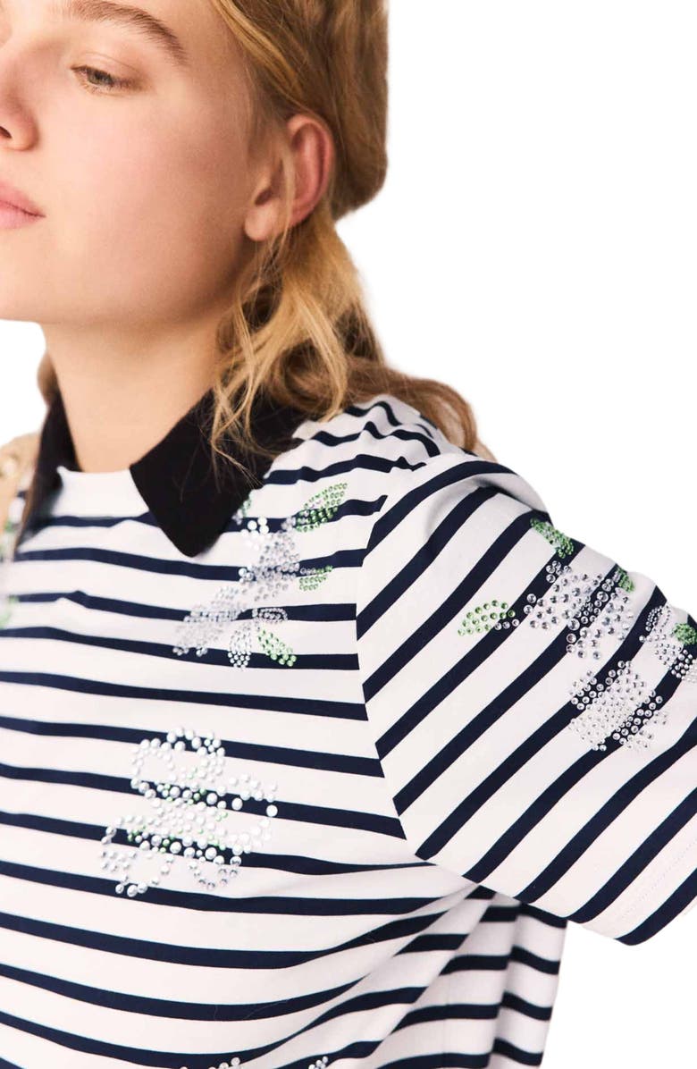maje Striped rhinestone flower T-shirt, Alternate, color, White