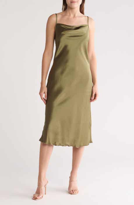 bebe Satin Cowl Neck Midi Dress
