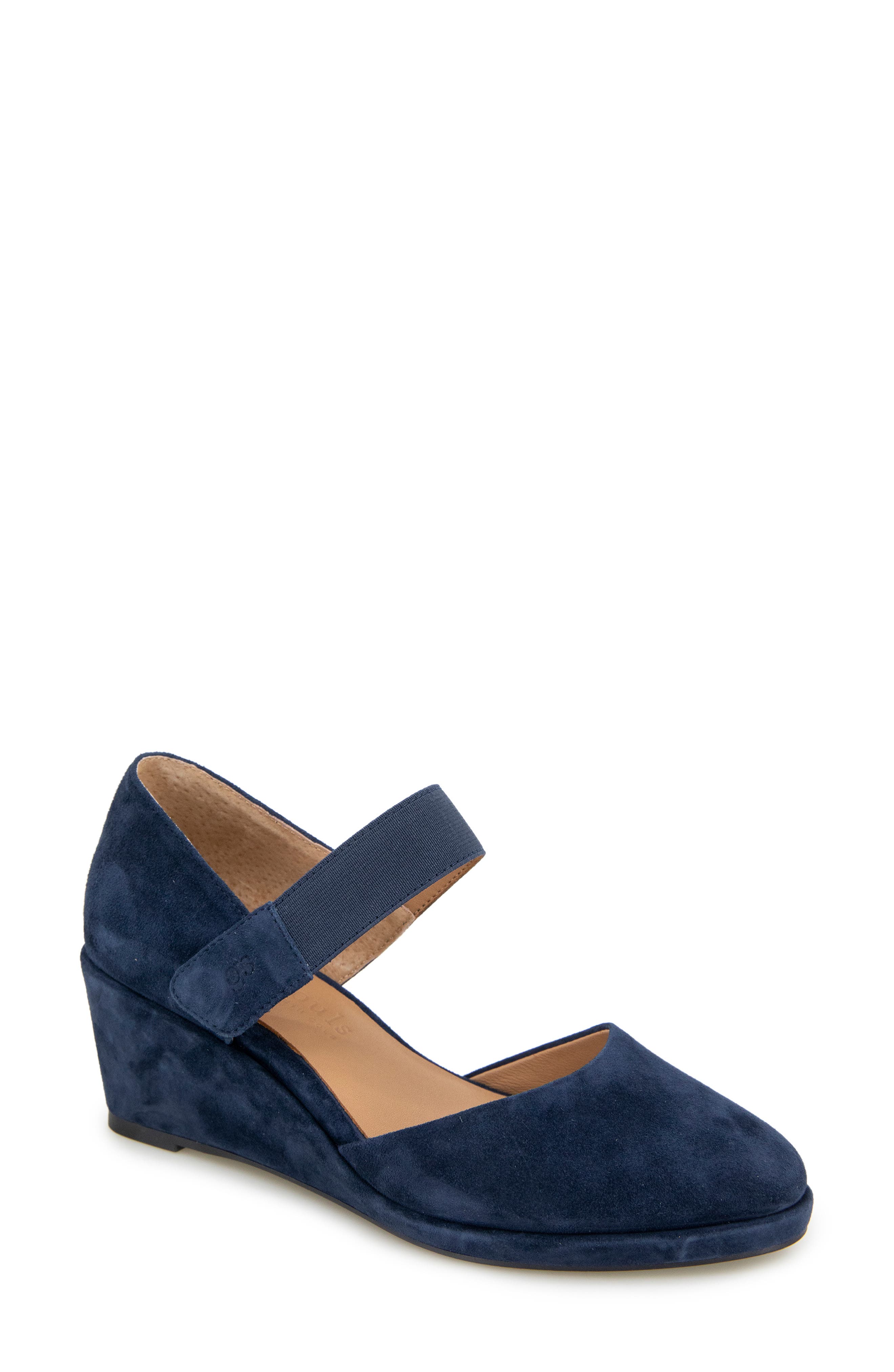 Gentle Souls Oriana Ankle Strap Wedge Pump, Main, color, Navy Suede
